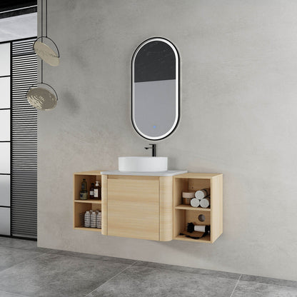 48 inch White Oak Bathroom Vanity-White Ceramic Vessel Sink and Two Open Shelves