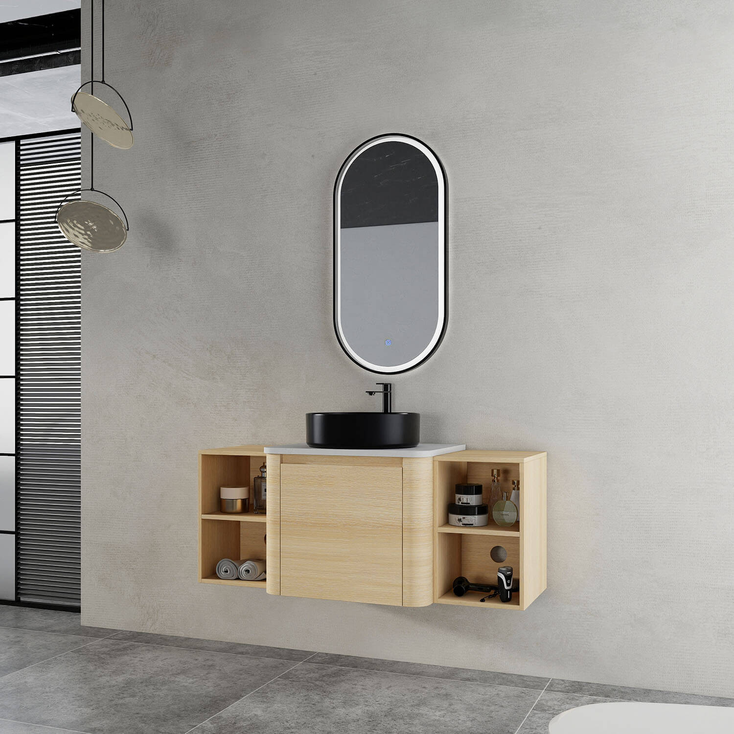 48 inch White Oak Bathroom Vanity- Black Ceramic Vessel Sink and Two Open Shelves