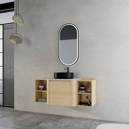 48 inch White Oak Bathroom Vanity- Black Ceramic Vessel Sink and Two Open Shelves