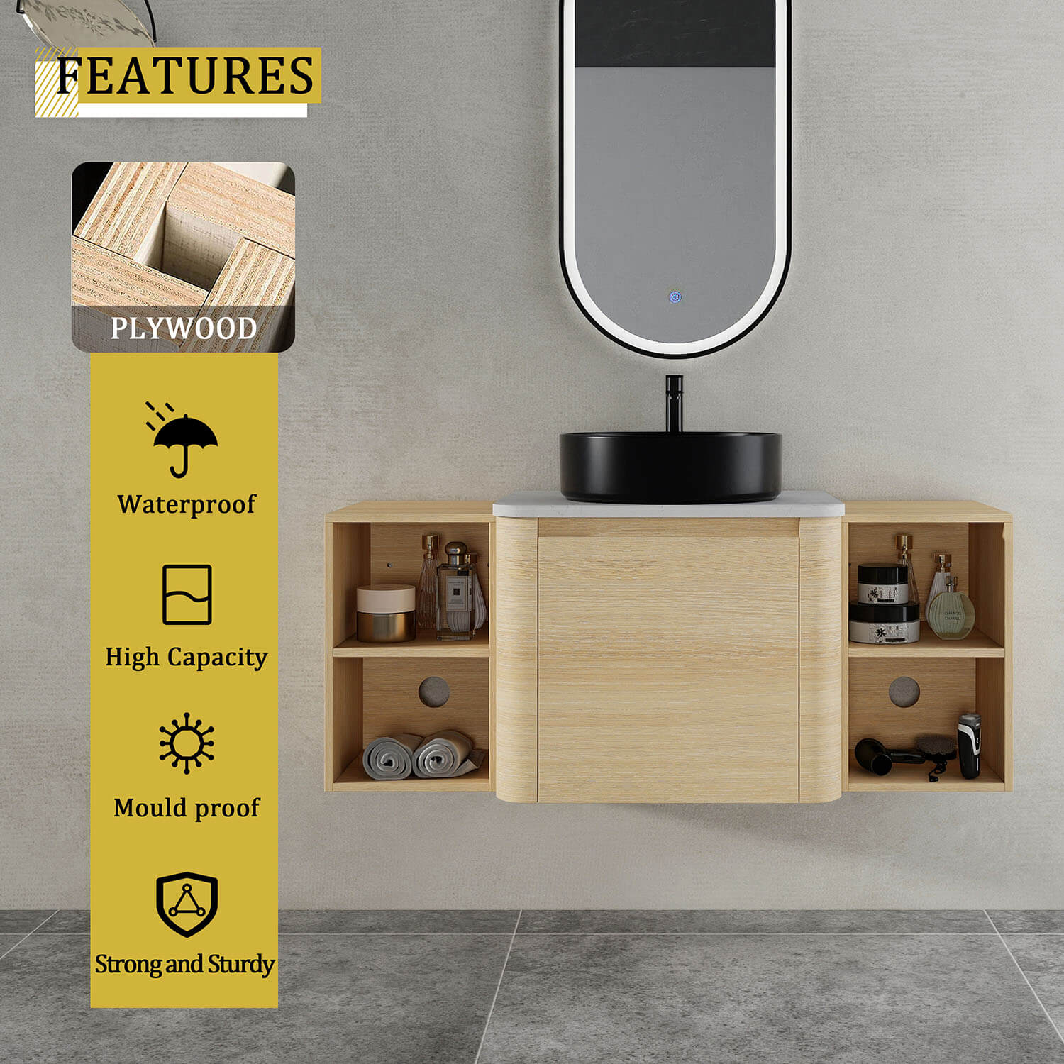 48 inch White Oak Bathroom Vanity with Black Ceramic Vessel Sink and Two Open Shelves-material