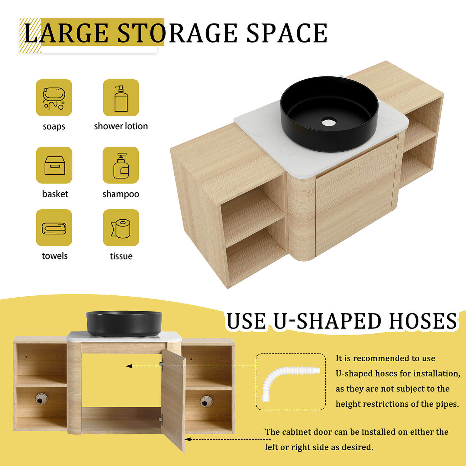 48 inch White Oak Bathroom Vanity with Black Ceramic Vessel Sink and Two Open Shelves-storage space