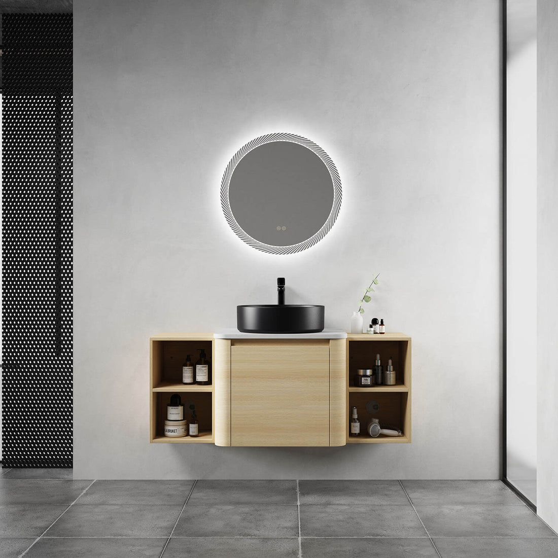 48 inch White Oak Bathroom Vanity with Black Ceramic Vessel Sink and Two Open Shelves