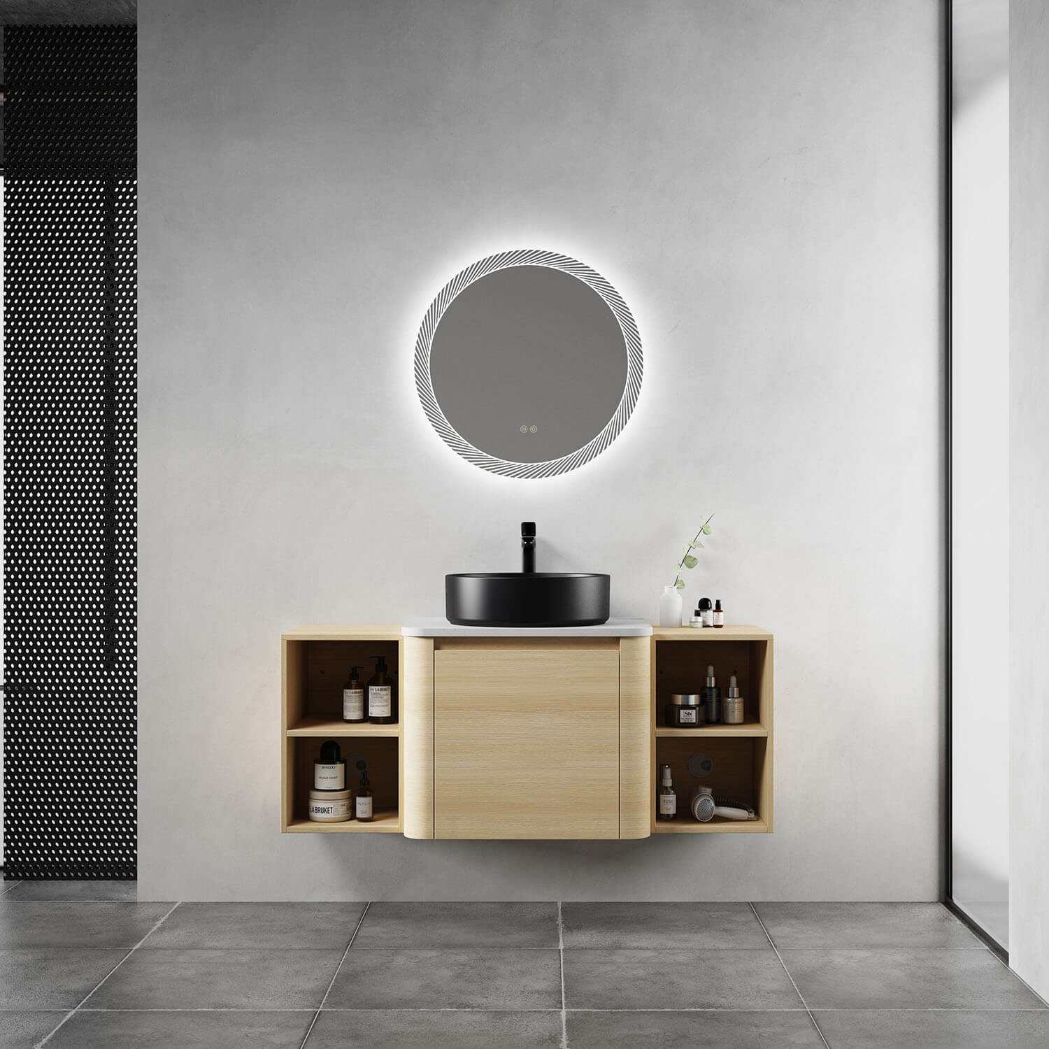 48 inch White Oak Bathroom Vanity with Black Ceramic Vessel Sink and Two Open Shelves