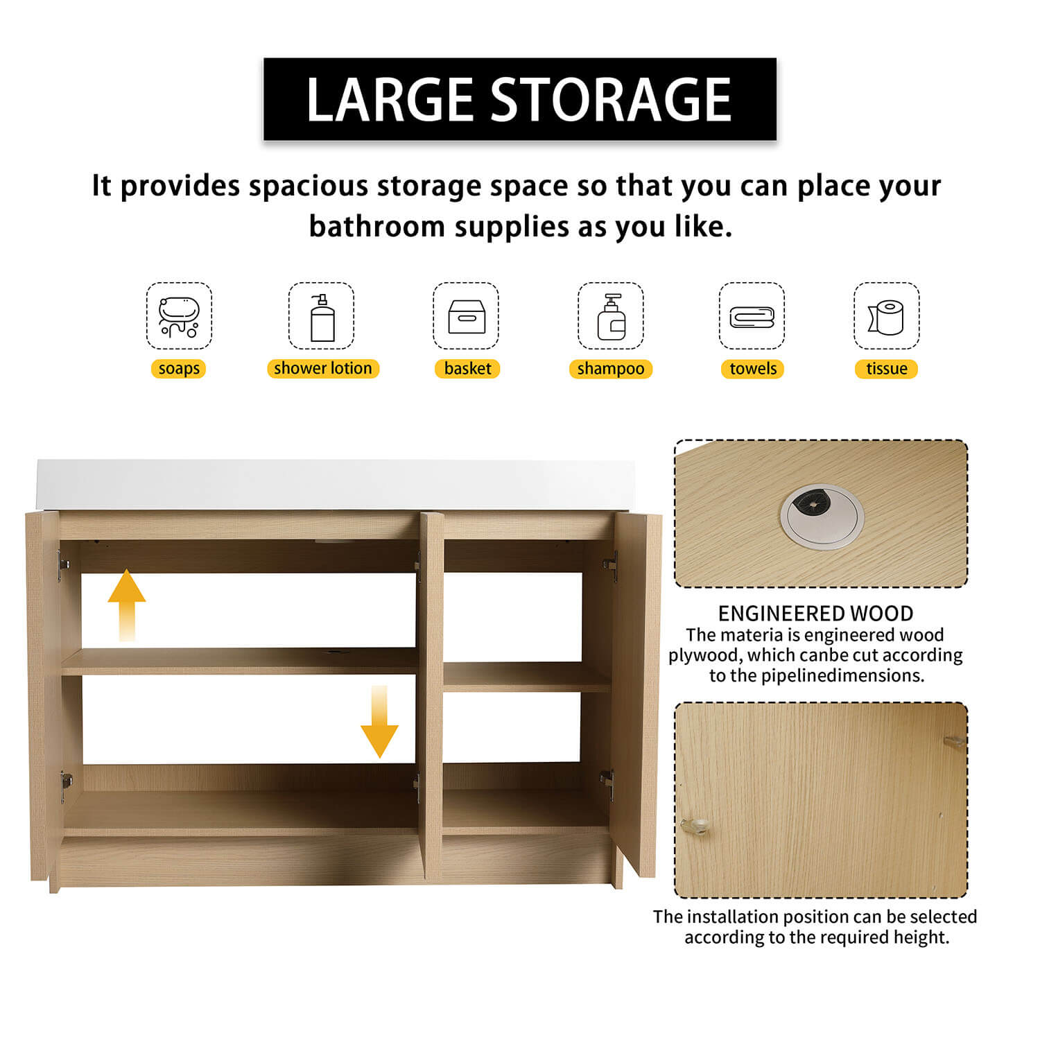 48 inch White Oak Bathroom Vanity with Resin Sink and Soft Close Cabinet Doors-large storage