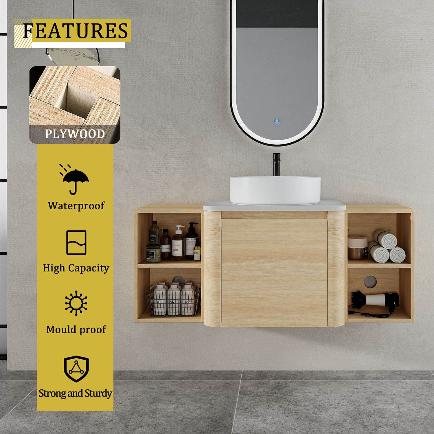 48 inch White Oak Bathroom Vanity with White Ceramic Vessel Sink and Two Open Shelves-material