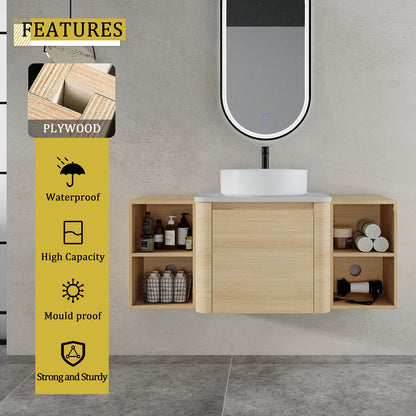 48 inch White Oak Bathroom Vanity with White Ceramic Vessel Sink and Two Open Shelves-material