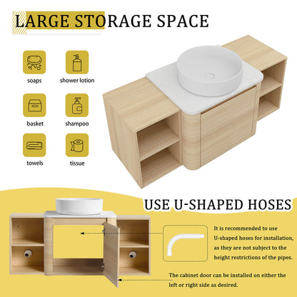 48 inch White Oak Bathroom Vanity with White Ceramic Vessel Sink and Two Open Shelves-storage space