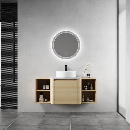 48 inch White Oak Bathroom Vanity with White Ceramic Vessel Sink and Two Open Shelves
