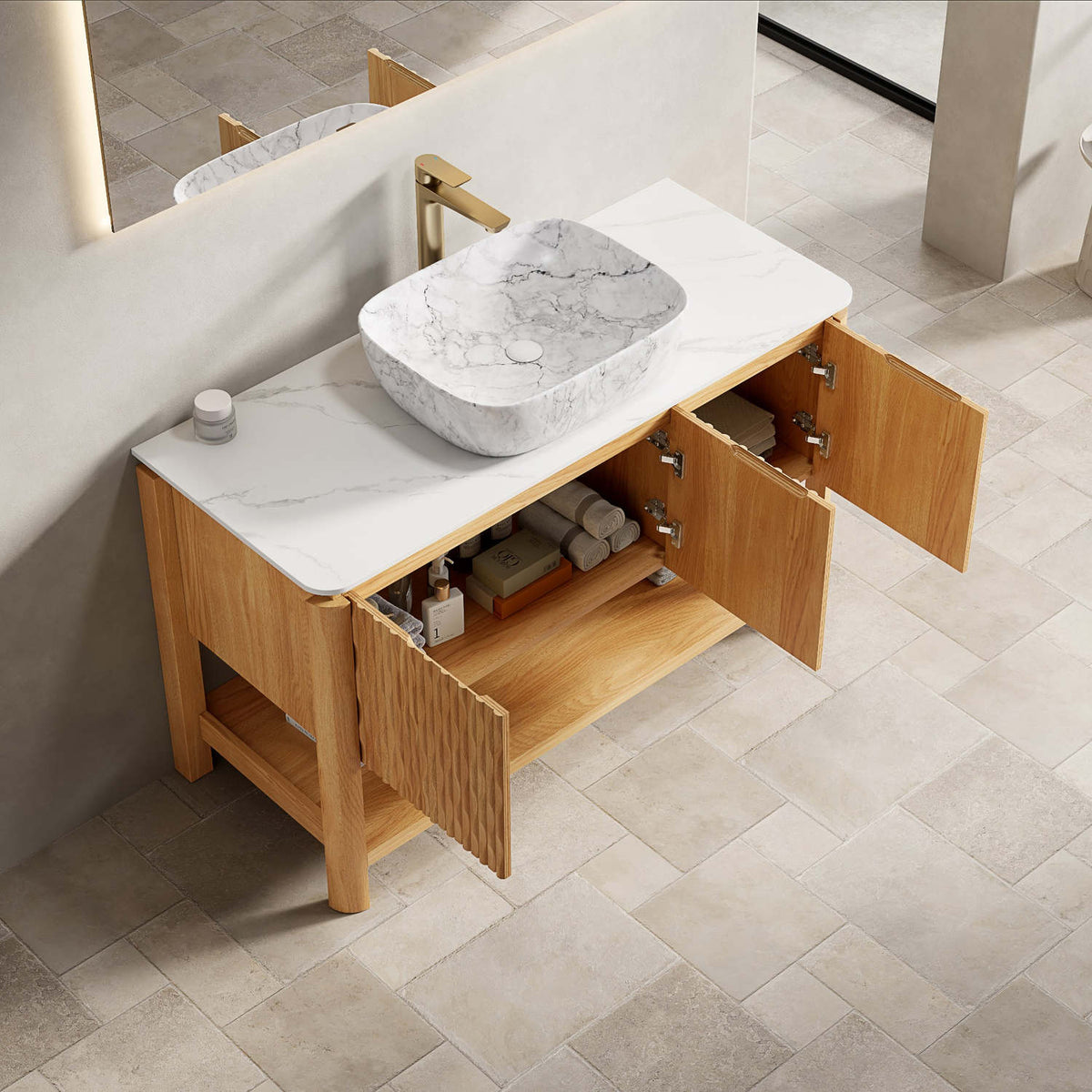48 inch White Oak Bathroom Vanity with White Sintered Stone Countertop and Three Door Cabinet Storage