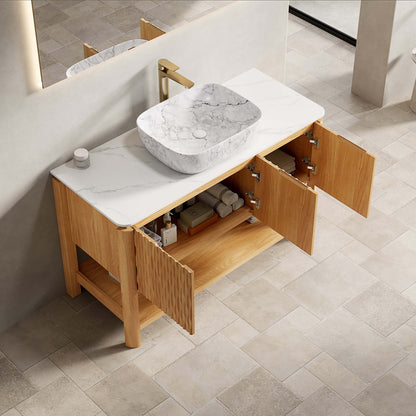 48 inch White Oak Bathroom Vanity with White Sintered Stone Countertop and Three Door Cabinet Storage