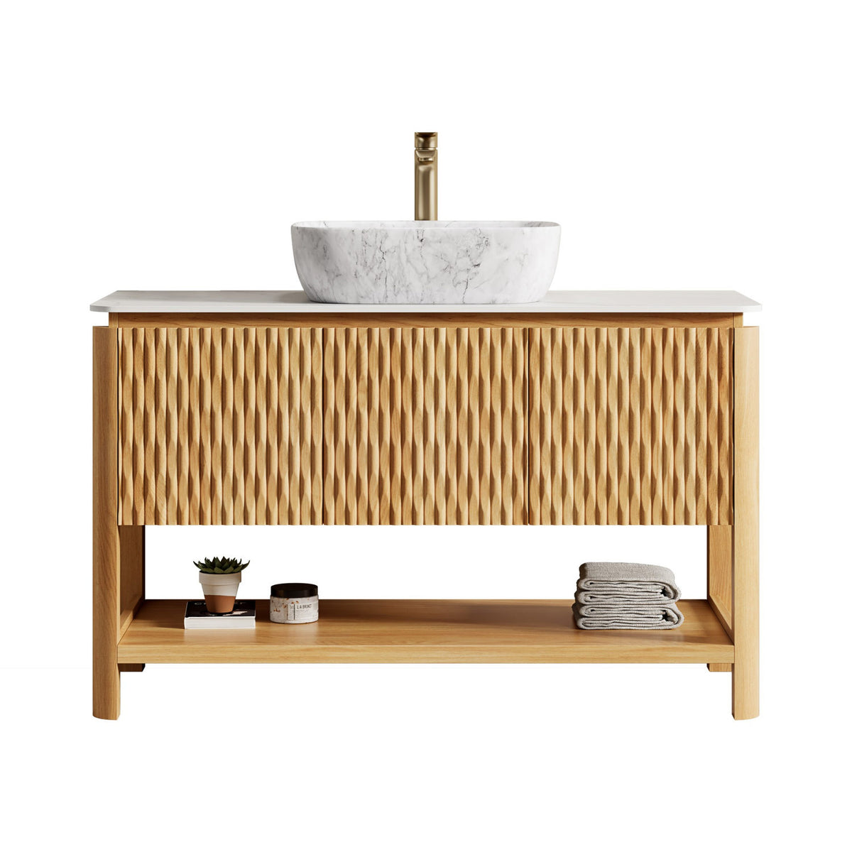 48 inch White Oak Fluted Bathroom Vanity with Marble Ceramic Vessel Sink Front View