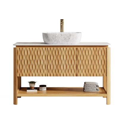 48 inch White Oak Fluted Bathroom Vanity with Marble Ceramic Vessel Sink Front View