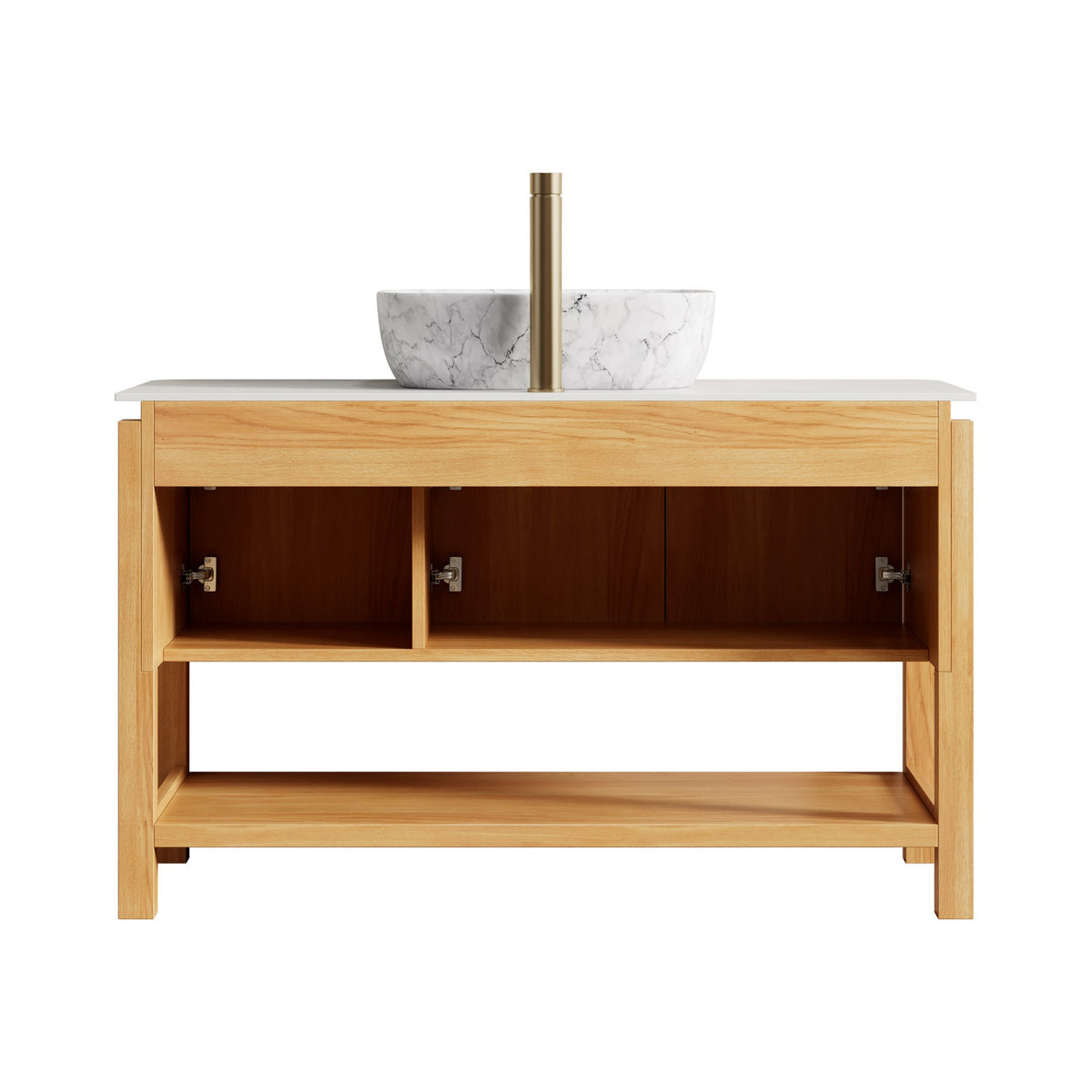 48 inch White Oak Vessel Sink Bathroom Vanity Rear View with Cabinet Construction and Lower Shelf