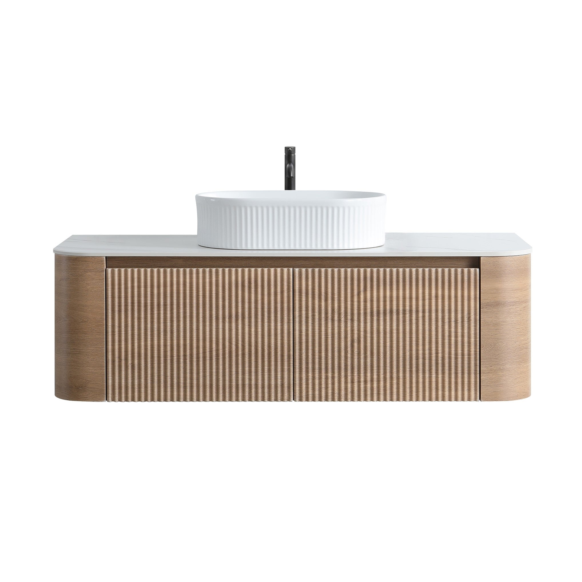 48 inch White Oak Wall Mounted Bathroom Vanity Front View White Background