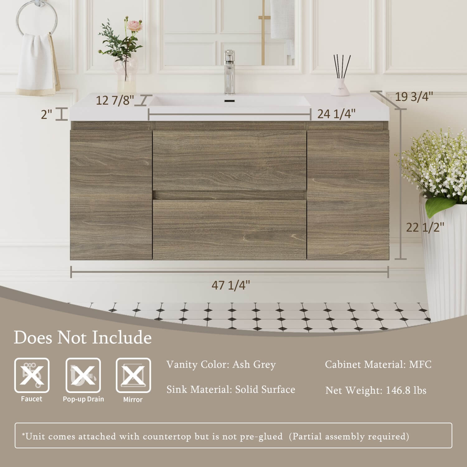 48 inch ash grey floating bathroom vanity size dimensions and MFC solid surface material specs