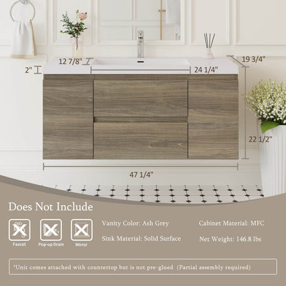 48 inch ash grey floating bathroom vanity size dimensions and MFC solid surface material specs