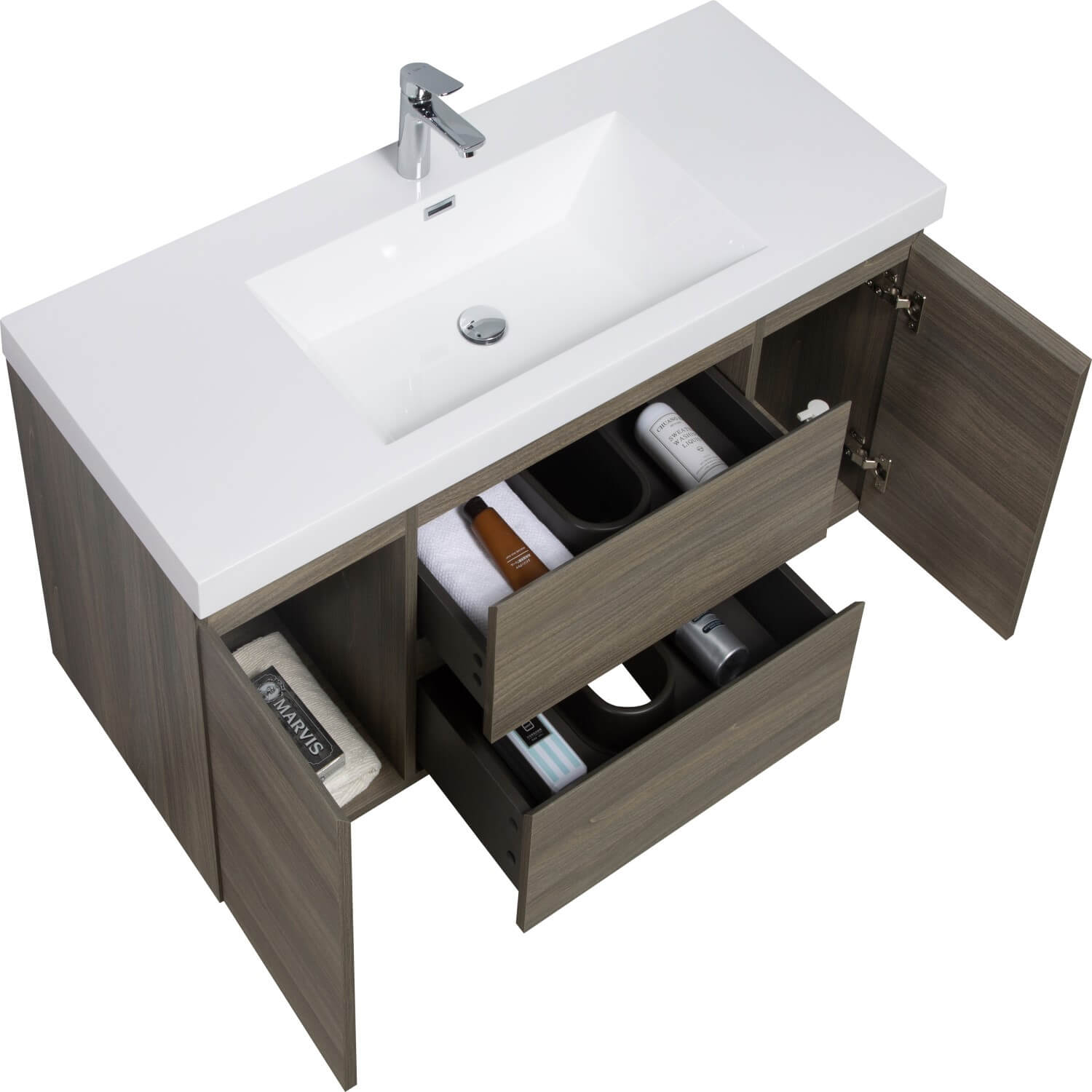 48 inch ash grey floating vanity top view open soft close drawers and cabinet doors studio shot