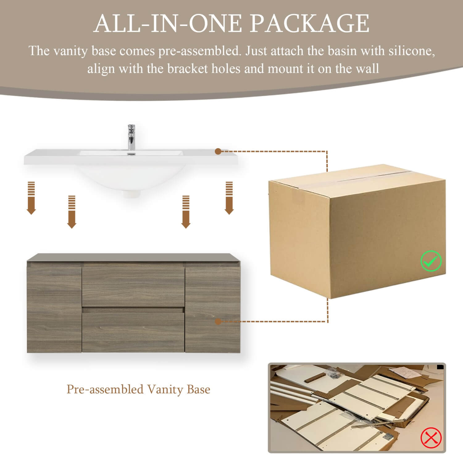 48 inch assembled wall-mounted bathroom vanity set with sink box packaging and installation guide