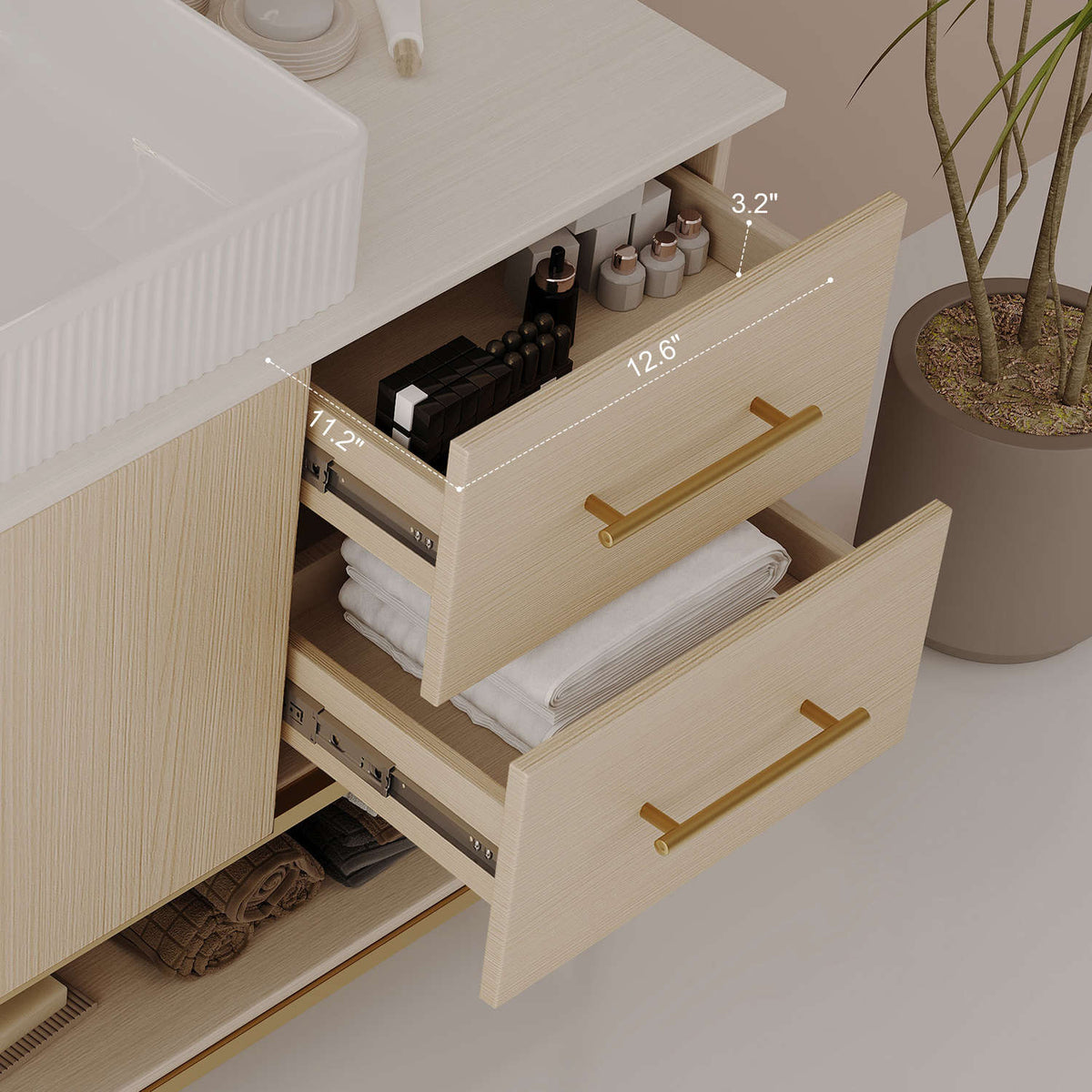 48 inch bathroom vanity drawer box interior dimensions 11.2 inch width 12.6 inch depth 3.2 inch height storage measurement