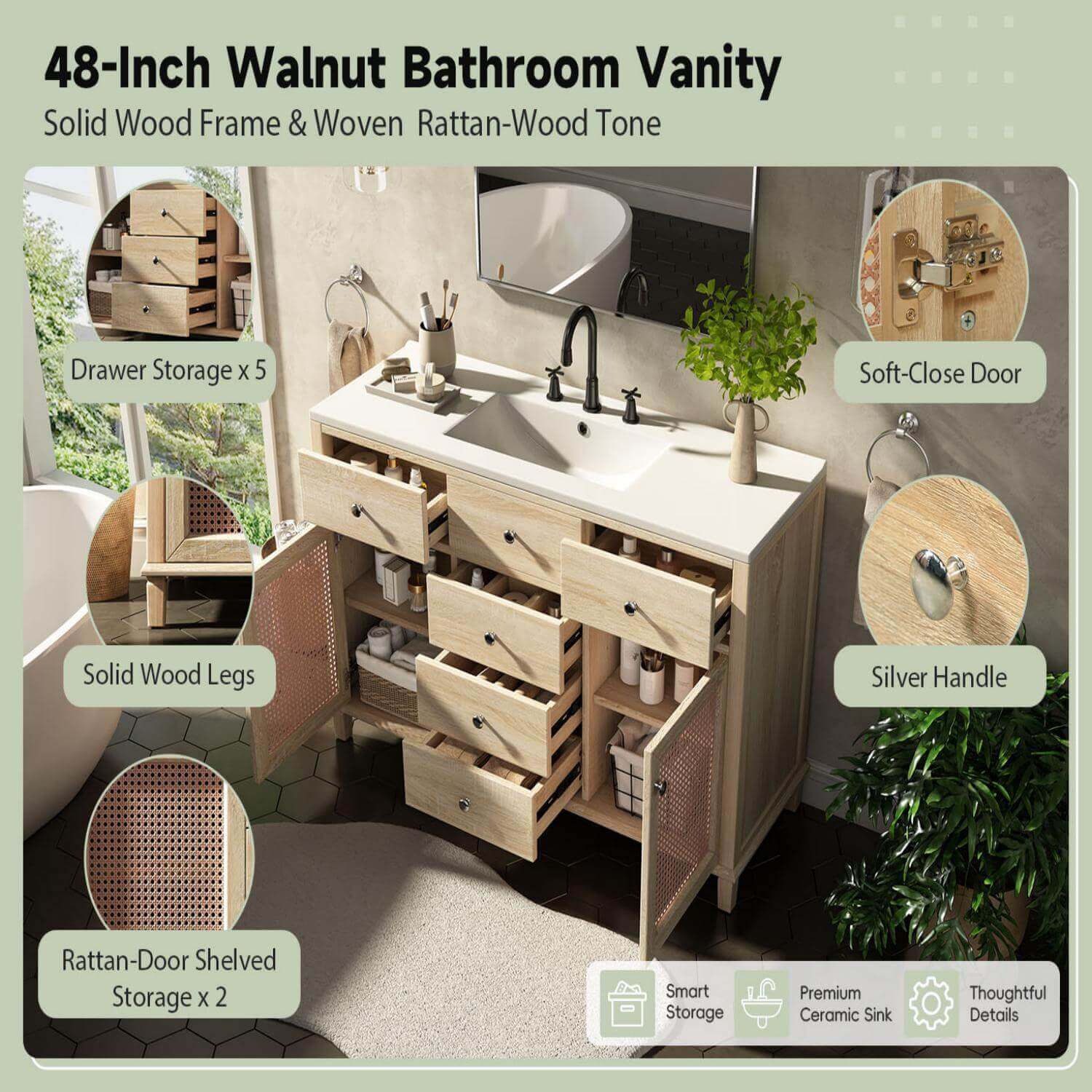 48 inch bathroom vanity features infographic with soft close drawers and rattan door storage
