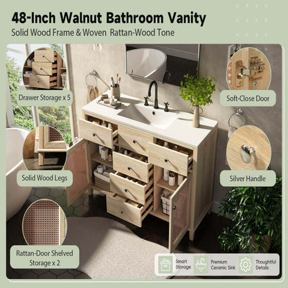 48 inch bathroom vanity features infographic with soft close drawers and rattan door storage