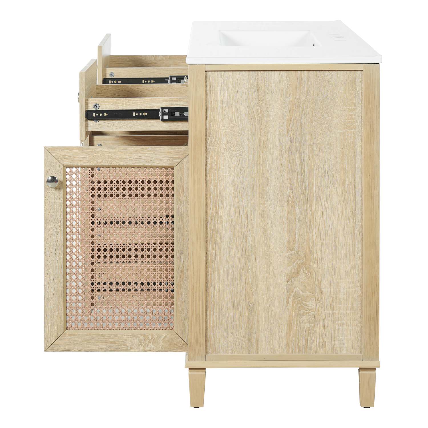 48 inch bathroom vanity side angle view with open rattan door and drawer slides on white background