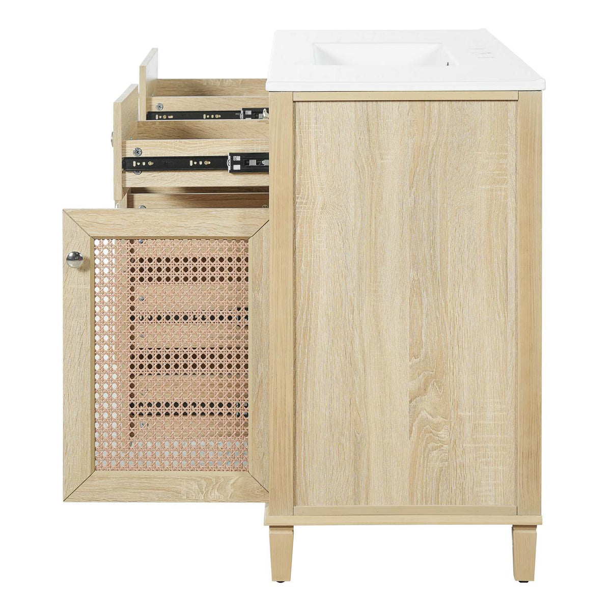 48 inch bathroom vanity side angle view with open rattan door and drawer slides on white background