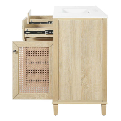 48 inch bathroom vanity side angle view with open rattan door and drawer slides on white background