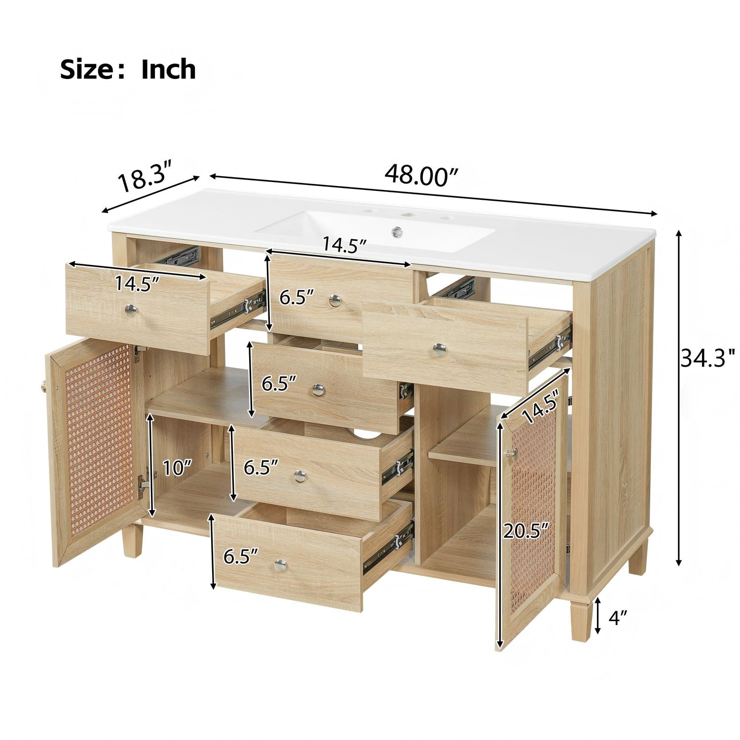 48 inch bathroom vanity size dimensions diagram with 5 drawers and 2 woven rattan doors