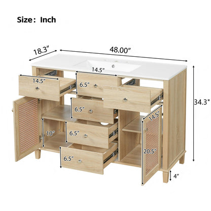 48 inch bathroom vanity size dimensions diagram with 5 drawers and 2 woven rattan doors