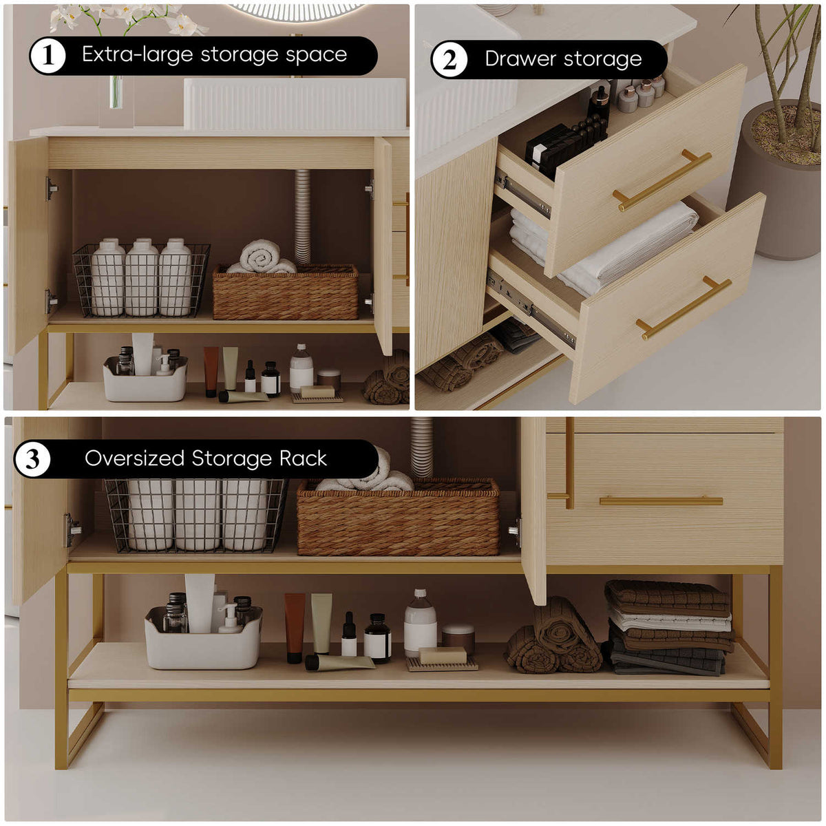 48 inch bathroom vanity storage layout two door cabinet two drawers and bottom open shelf organization capacity overview