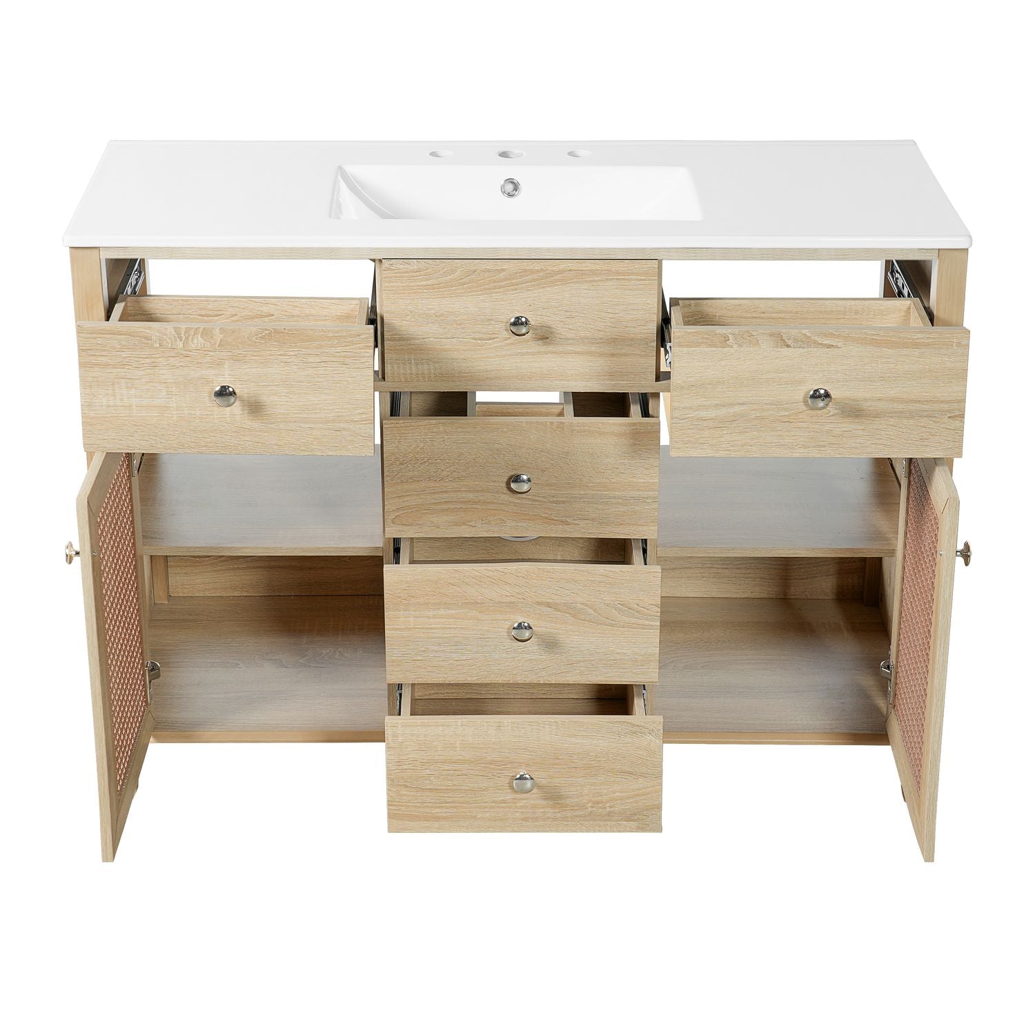 48 inch bathroom vanity with all 5 drawers and 2 rattan doors open showing full storage on white background