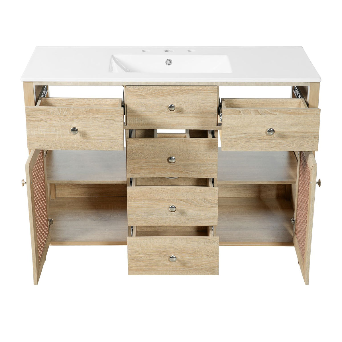 48 inch bathroom vanity with all 5 drawers and 2 rattan doors open showing full storage on white background