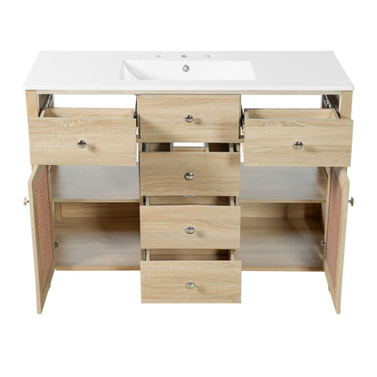 48 inch bathroom vanity with all 5 drawers and 2 rattan doors open showing full storage on white background
