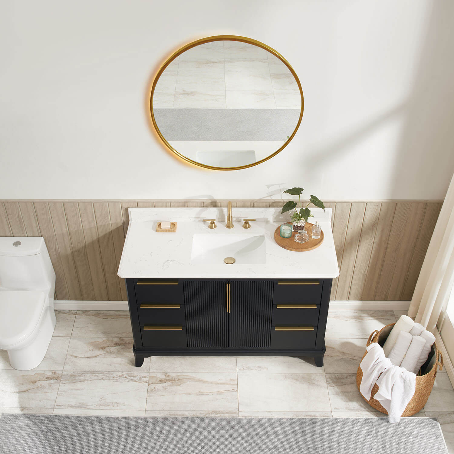 48 inch bathroom vanity with fluted cabinet doors and brushed gold hardware