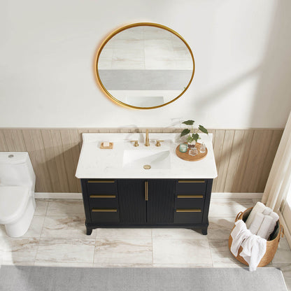 48 inch bathroom vanity with fluted cabinet doors and brushed gold hardware