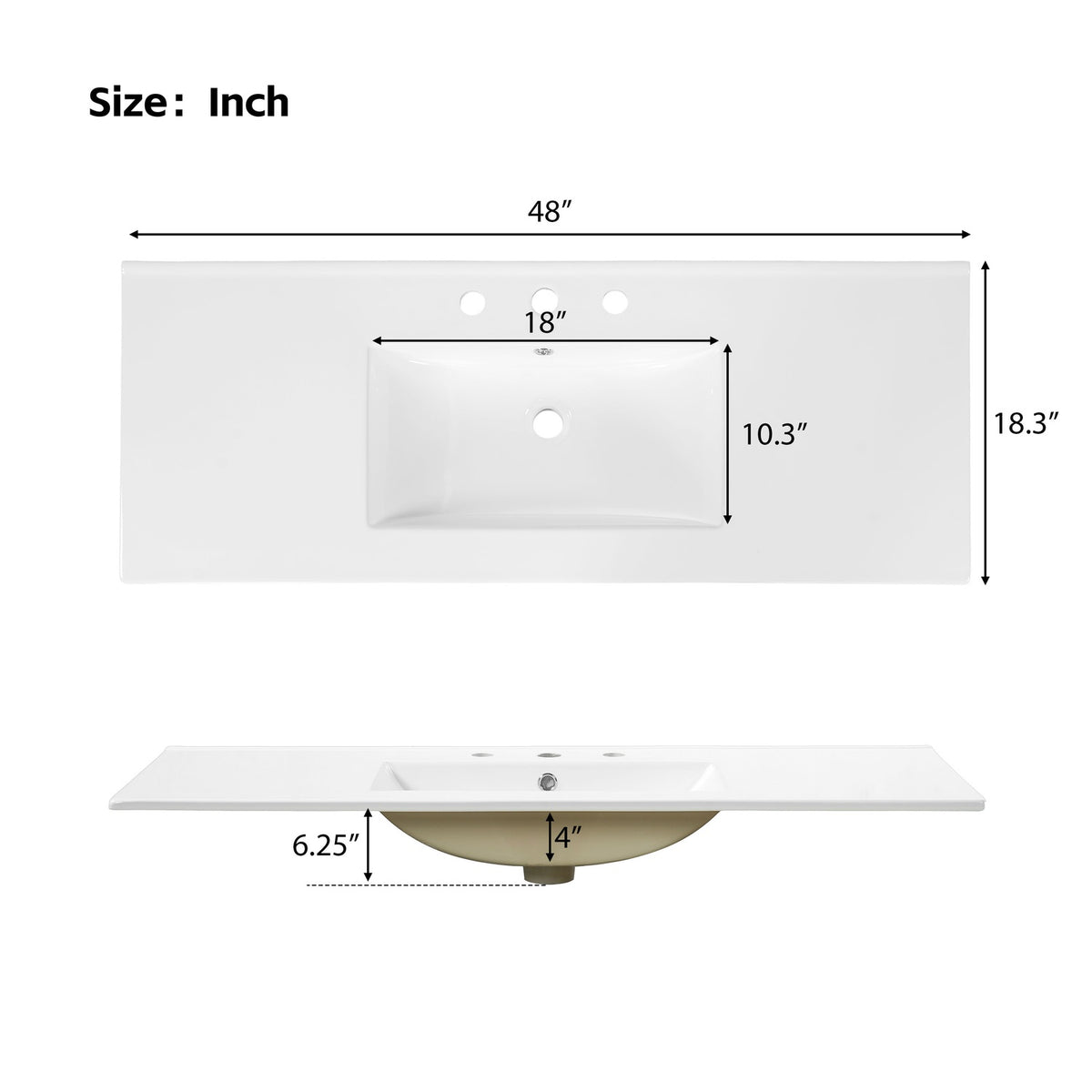 48 inch white ceramic bathroom vanity sink top dimensions with integrated rectangular basin