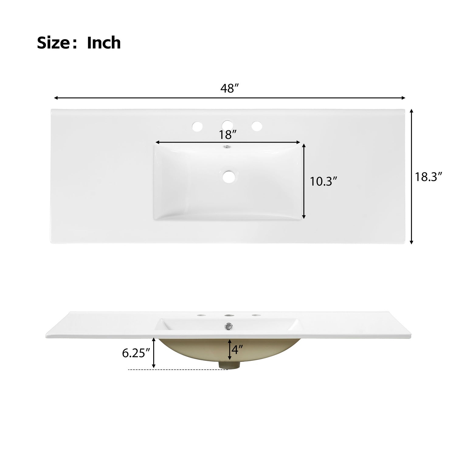 48 inch white ceramic bathroom vanity sink top dimensions with integrated rectangular basin