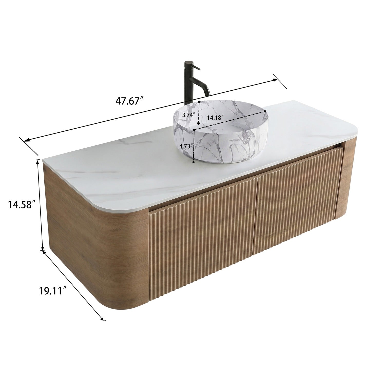 48 inch floating oak bathroom vanity dimensions 47.67 W x 19.11 D x 14.58 H with vessel sink size diagram