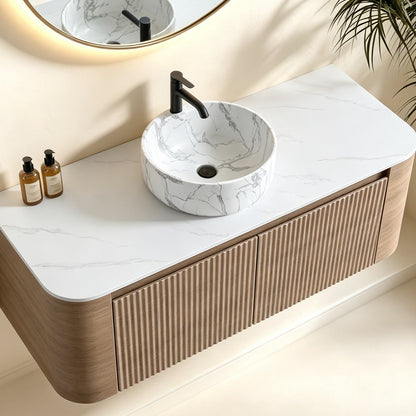 48 inch floating oak vanity countertop top view round marble pattern ceramic basin textured cabinet detail