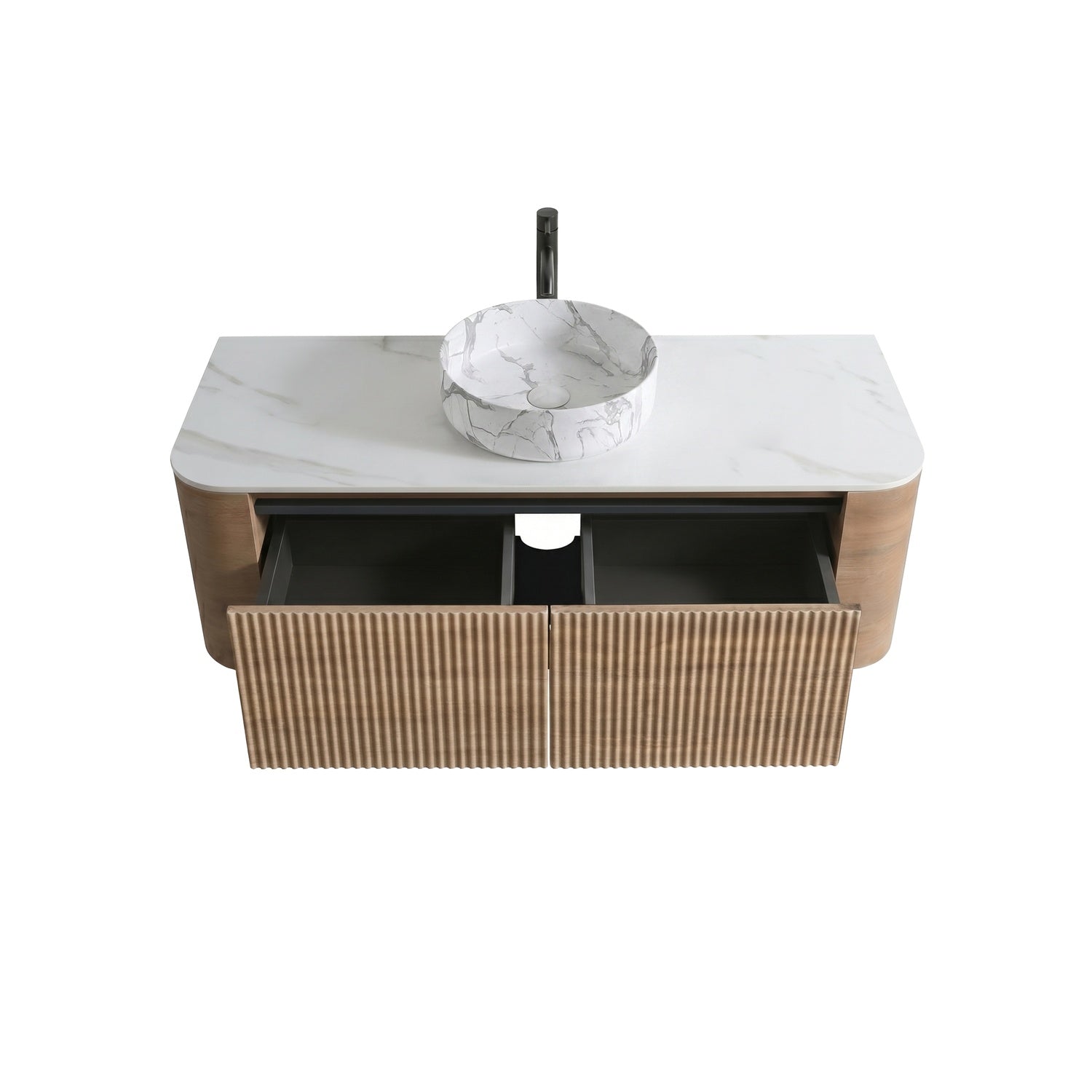 48 inch floating oak vanity with open double drawers white ceramic basin bathroom storage cabinet top view