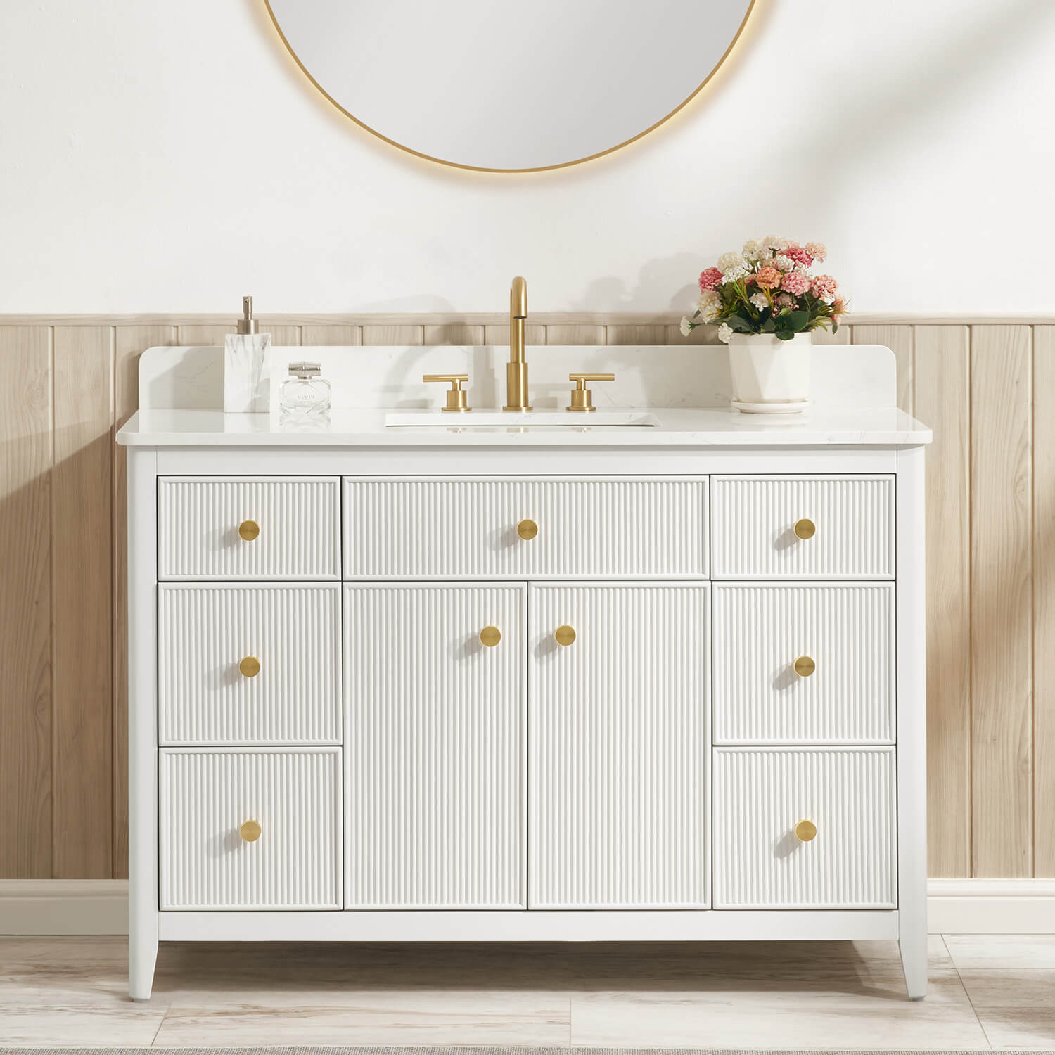 48 inch fluted bathroom vanity with Carrara White countertop and undermount sink
