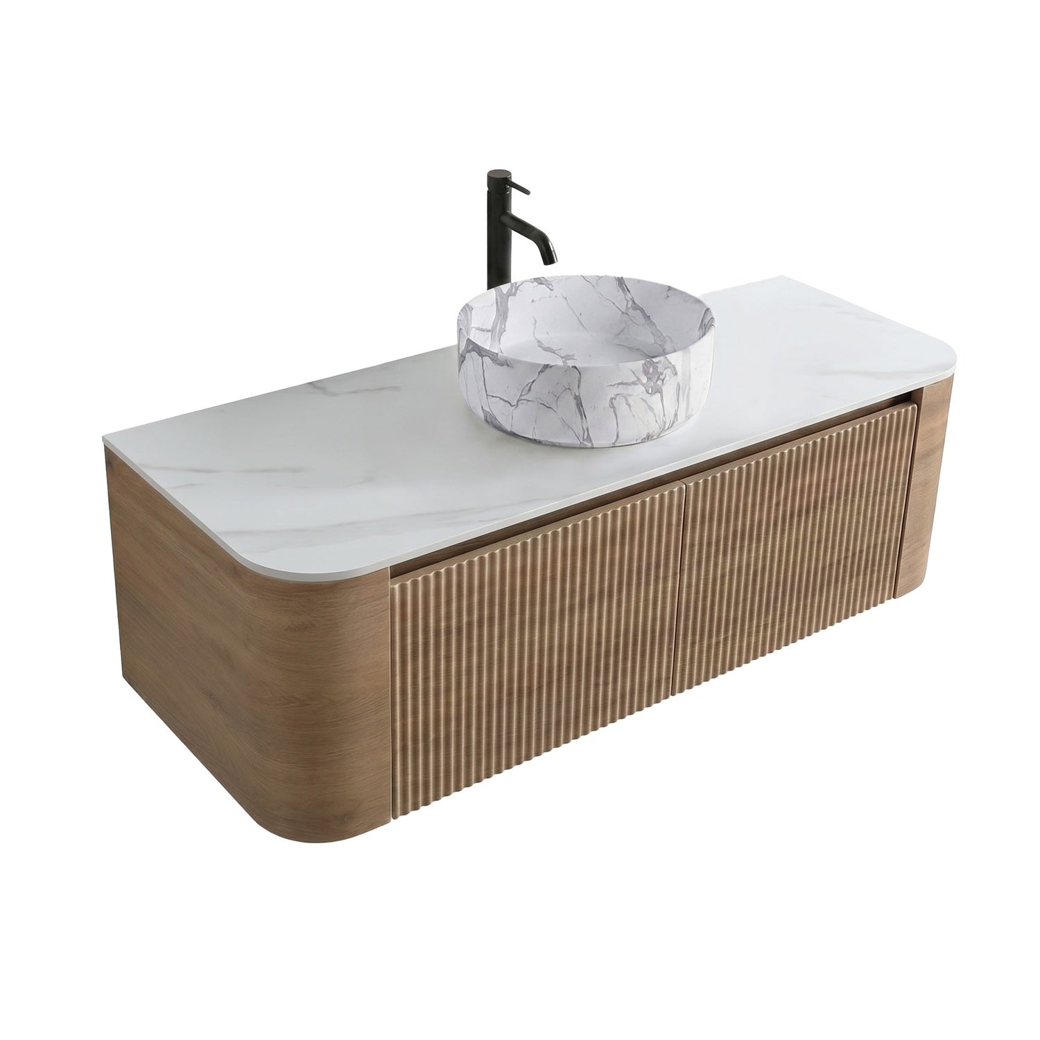 48 inch fluted white oak floating bathroom vanity modern vessel sink round corner countertop isometric view