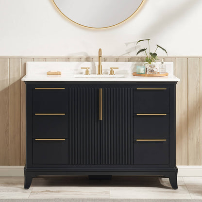 48 inch freestanding bathroom vanity with Carrara White countertop and undermount sink
