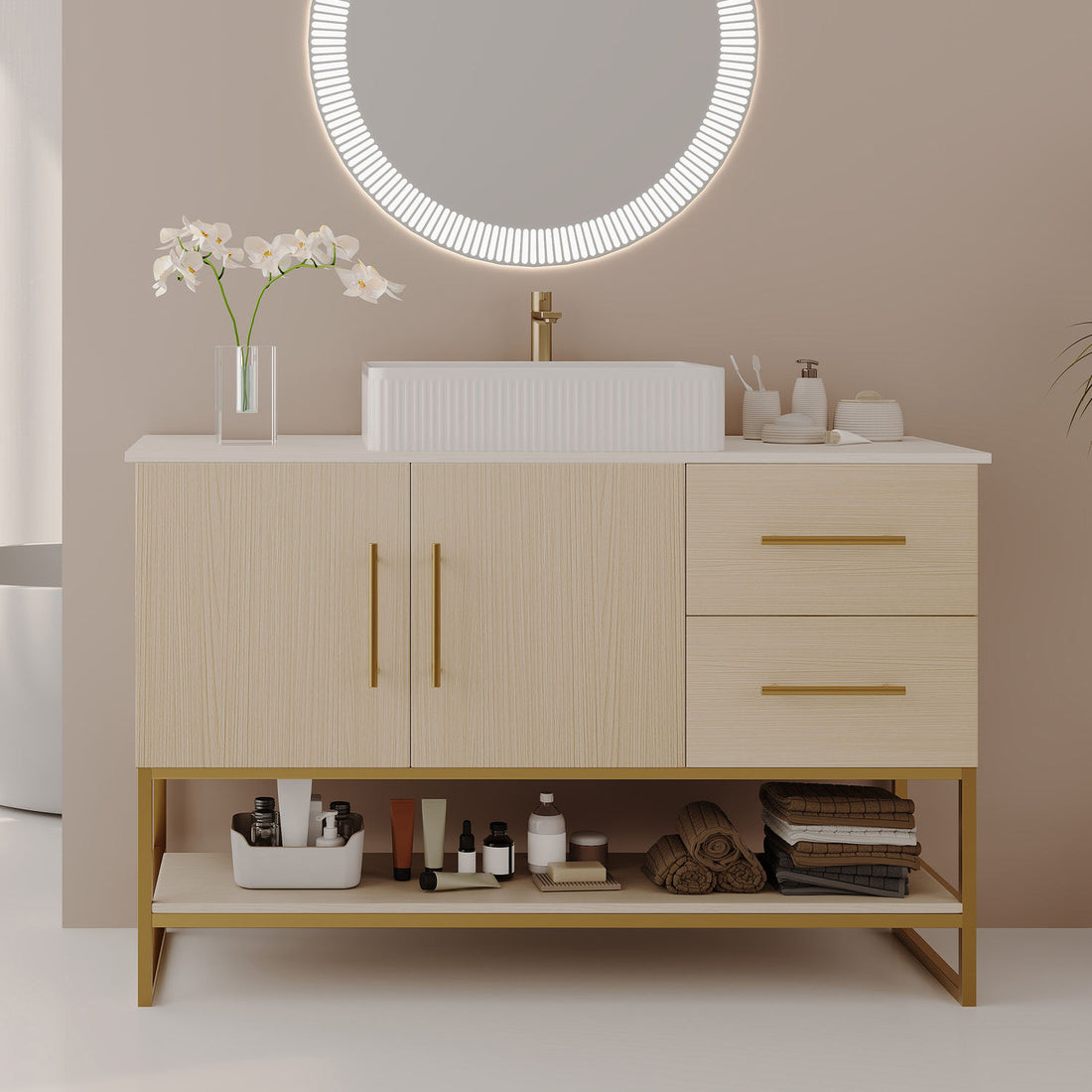 48 inch fully assembled white oak bathroom vanity closed front view with ceramic vessel sink gold frame and bottom shelf in modern bathroom