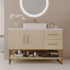 48 inch fully assembled white oak bathroom vanity closed front view with ceramic vessel sink gold frame and bottom shelf in modern bathroom