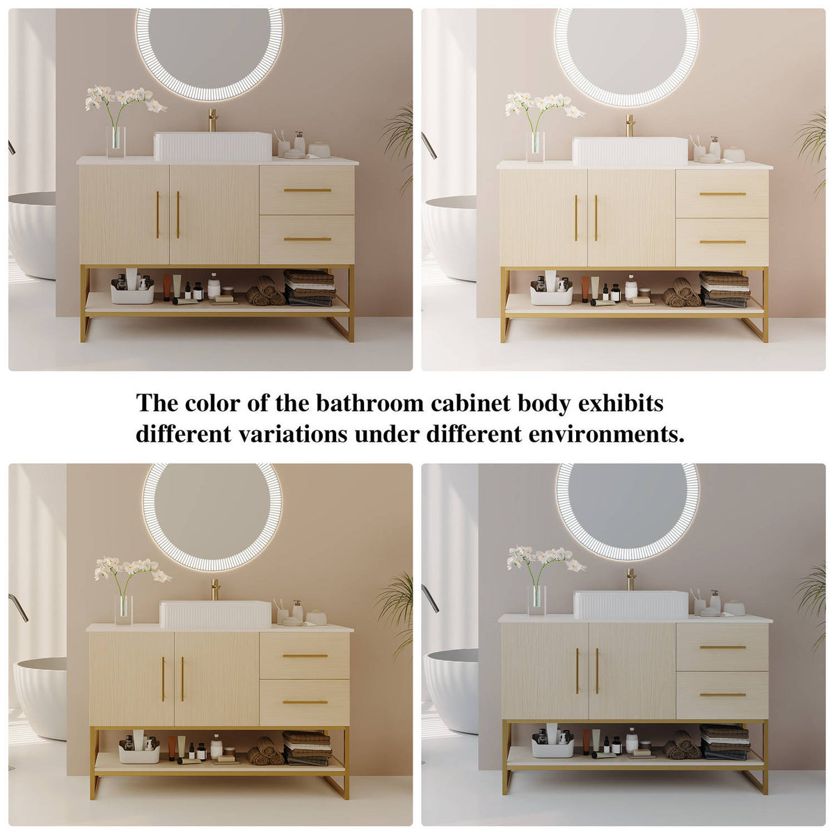 48 inch light oak bathroom vanity natural wood grain color appearance variations under warm cool daylight and neutral lighting