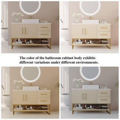 48 inch light oak bathroom vanity natural wood grain color appearance variations under warm cool daylight and neutral lighting