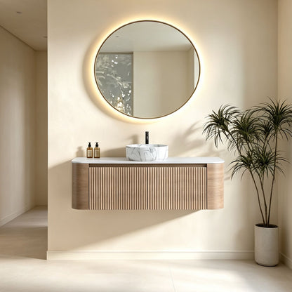 48 inch modern white oak floating bathroom vanity suite minimalist spa inspired interior design full room view