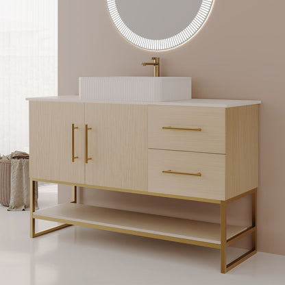 48 inch modern white oak washstand side profile with fluted ceramic basin and gold metal sled base in contemporary powder room